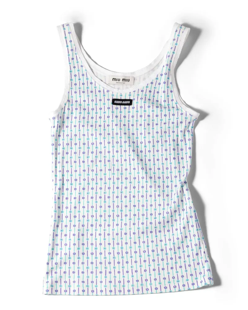 Miu Miu Bedrucktes Tanktop Aus Rippstrick, Damen, Weiß / Flieder, Größe Weiß
