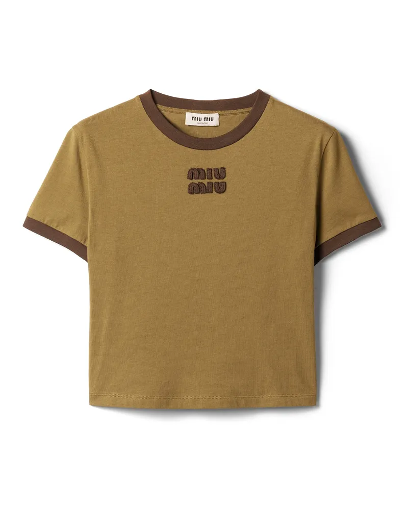 Miu Miu T-shirt Aus Baumwolljersey, Damen, Waldgrün/kakaobraun, Größe Waldgrün