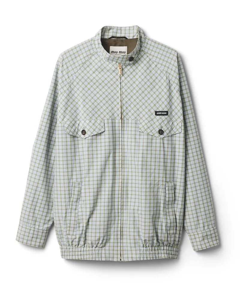 Miu Miu Checked Technical Fabric Blouson Jacket, Damen, Weiß/salbeigrün, Größe Weiß