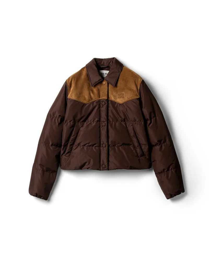 Miu Miu Daunenjacke Aus Technischem Pongé Und Leder, Damen, Kaffeebraun, Größe Kaffeebraun