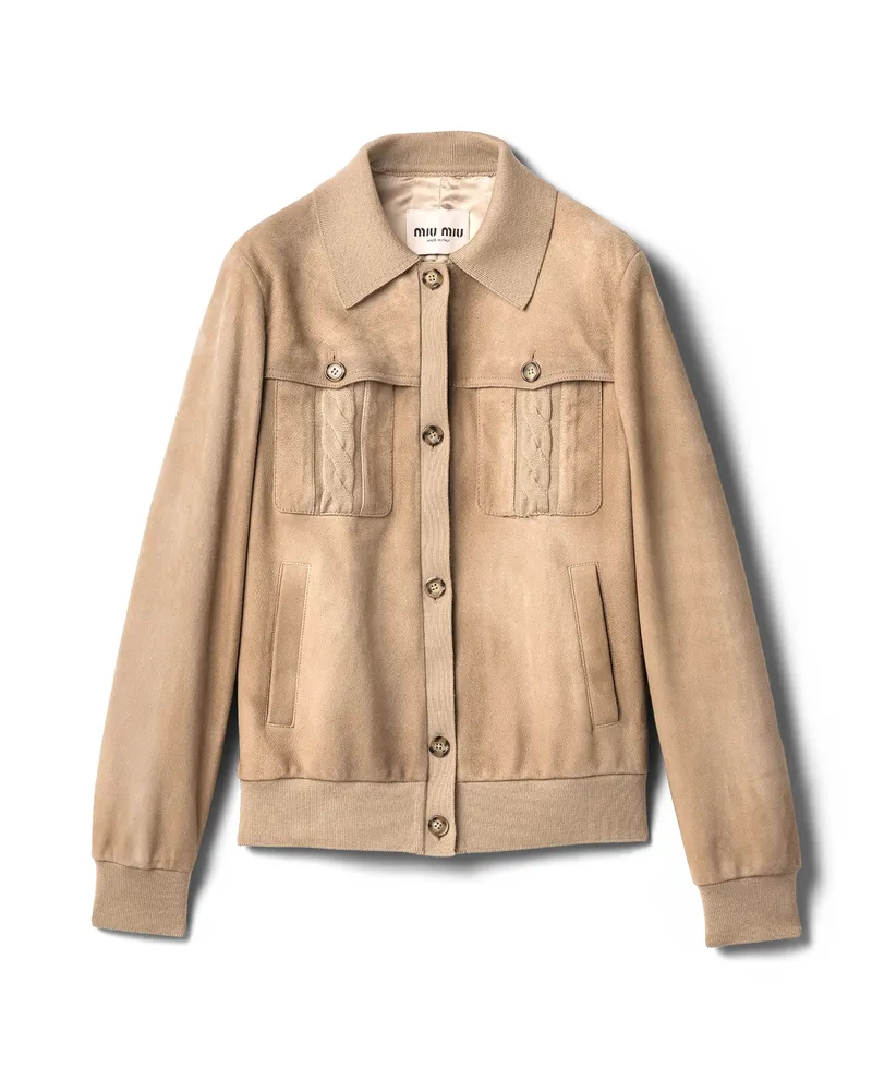 Miu Miu Blousonjacke Aus Gewachstem Wildleder, Damen, Safari, Größe Safari