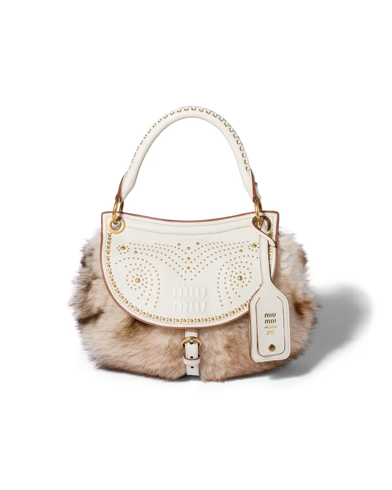 Miu Miu Rendez-vous Tasche Aus Lammfell Und Nappaleder Mit Metallnieten, Damen, Ivory/talc Ivory