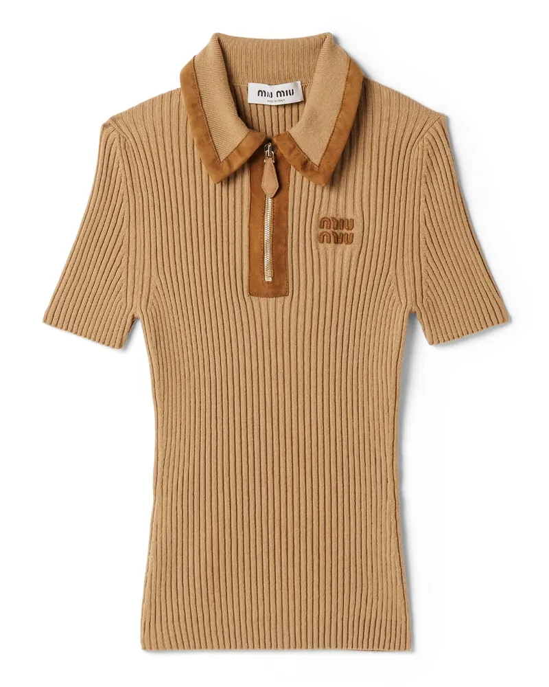 Miu Miu Gerippter Polo-pullover Aus Kaschmir, Damen, Sandbeige, Größe Sandbeige