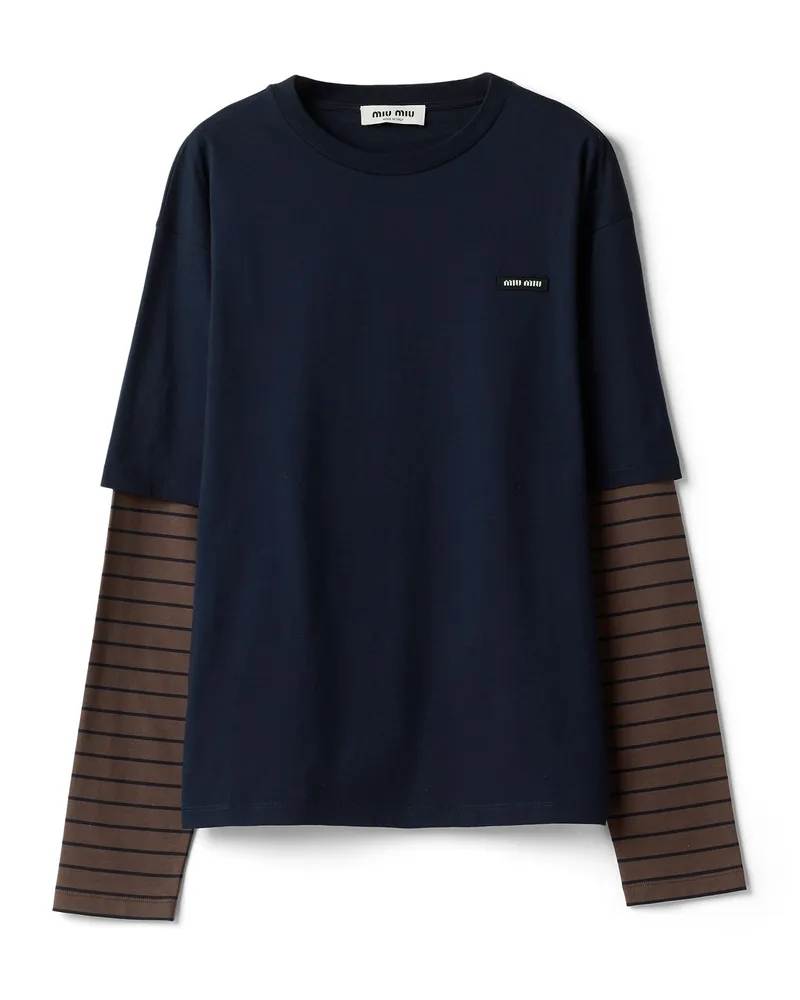 Miu Miu Langärmliges T-shirt Aus Jersey, Damen, Blau/kakaobraun, Größe Blau