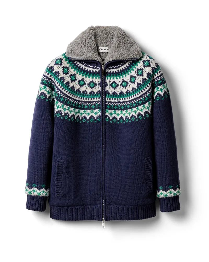 Miu Miu Strickjacke Aus Wolle Und Fleece Mit Reißverschluss, Damen, Marineblau, Größe Marineblau