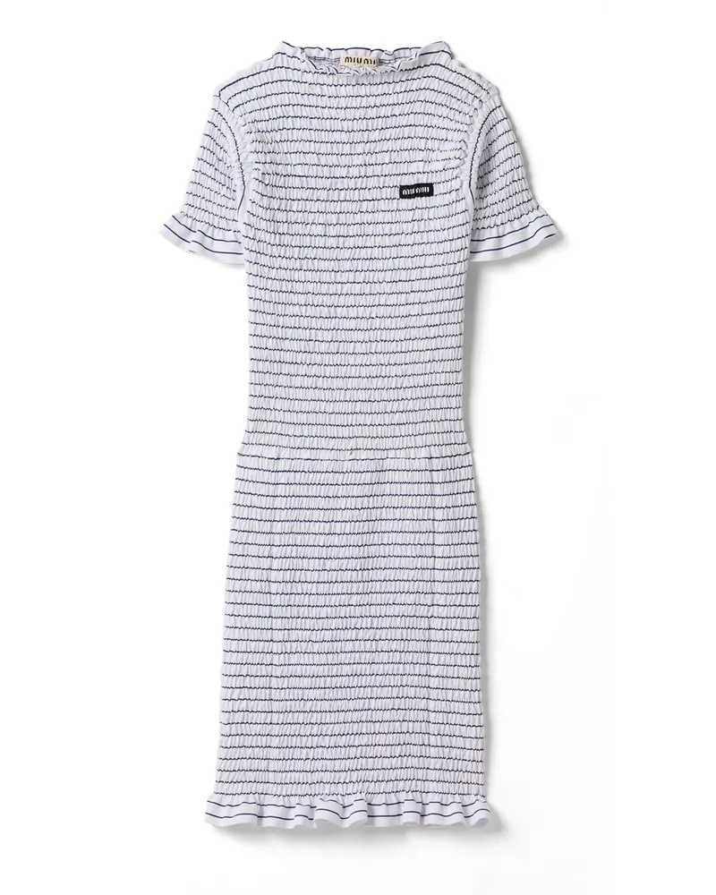 Miu Miu Gesmoktes Kleid Aus Gestreiftem Jersey, Damen, Weiss/blau, Größe Weiss
