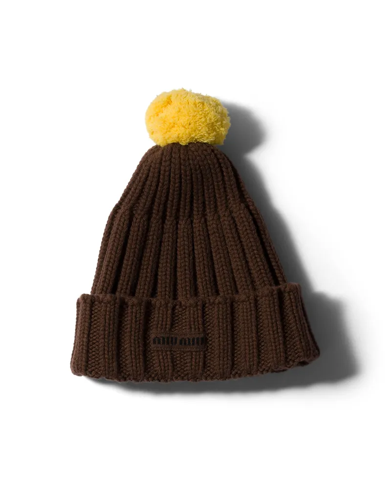 Miu Miu Strickmütze Aus Kaschmir, Damen, Kakaobraun/gelb, Größe Kakaobraun