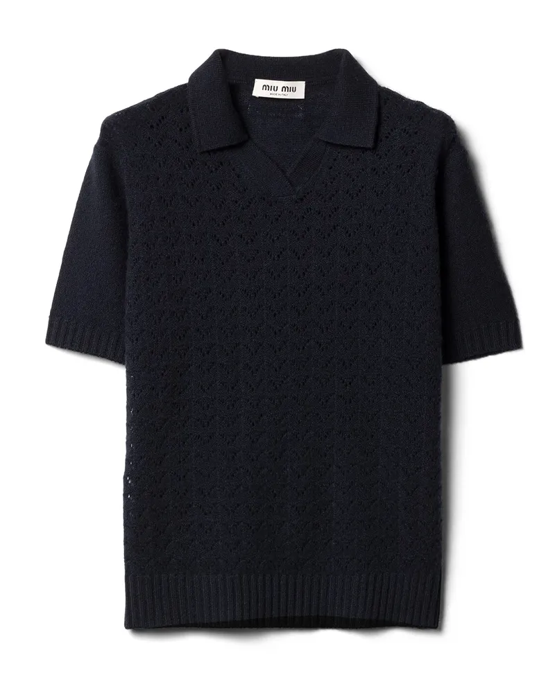 Miu Miu Poloshirt Aus Kaschmirstrick Mit Spitzenoptik, Damen, Blau, Größe Blau
