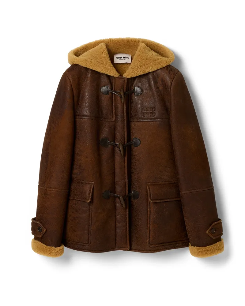 Miu Miu Dufflecoat Aus Gewachstem Lammfell , Damen, Dunkelbraun, Größe Dunkelbraun