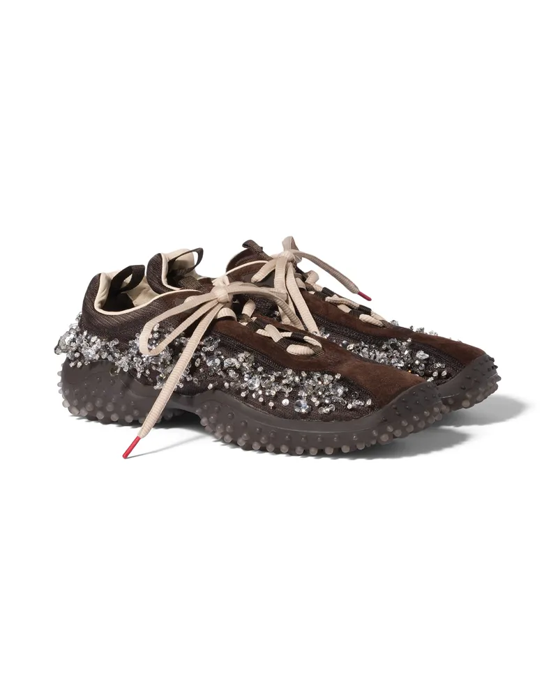 Miu Miu Bubble Bestickte Sneaker Aus Technischem Gewebe Und Veloursleder, Damen, Dunkelbraun, Größe Dunkelbraun