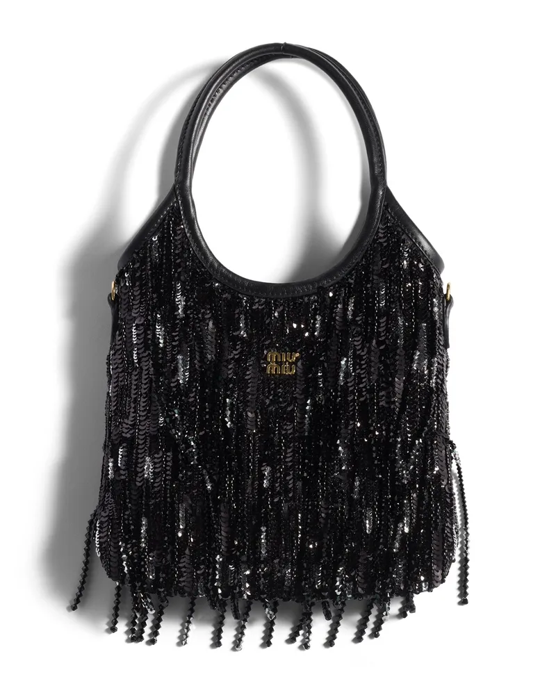 Miu Miu Ivy Handtasche Aus Satin Mit Kristall- Und Paillettenfransen, Damen, Schwarz Schwarz