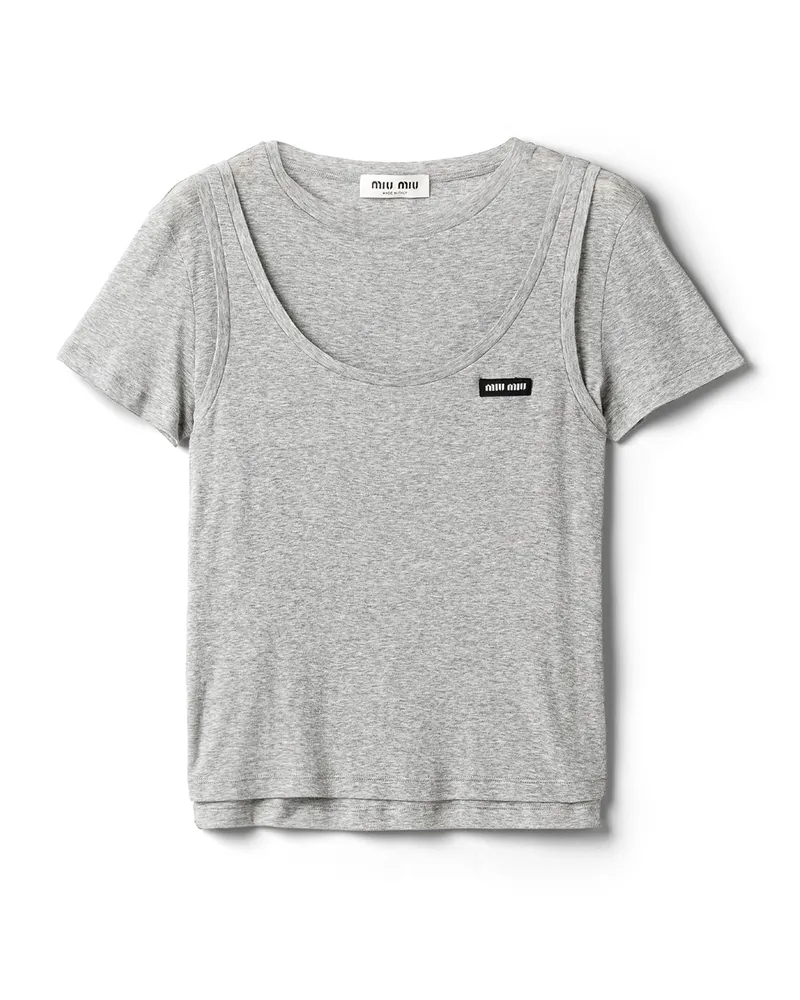 Miu Miu T-shirt Aus Geripptem Jersey, Damen, Grau, Größe Grau