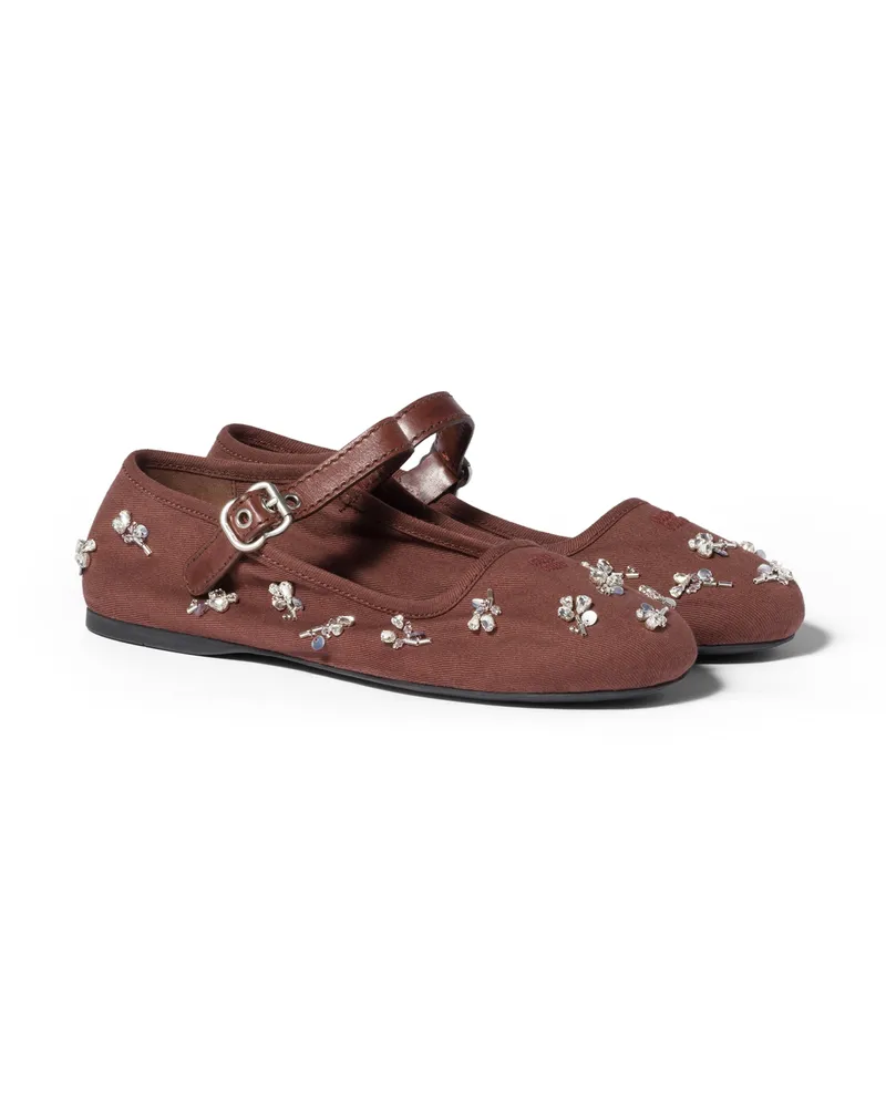 Miu Miu Bestickte Ballerinas Aus Drill, Damen, Kakaobraun, Größe Kakaobraun