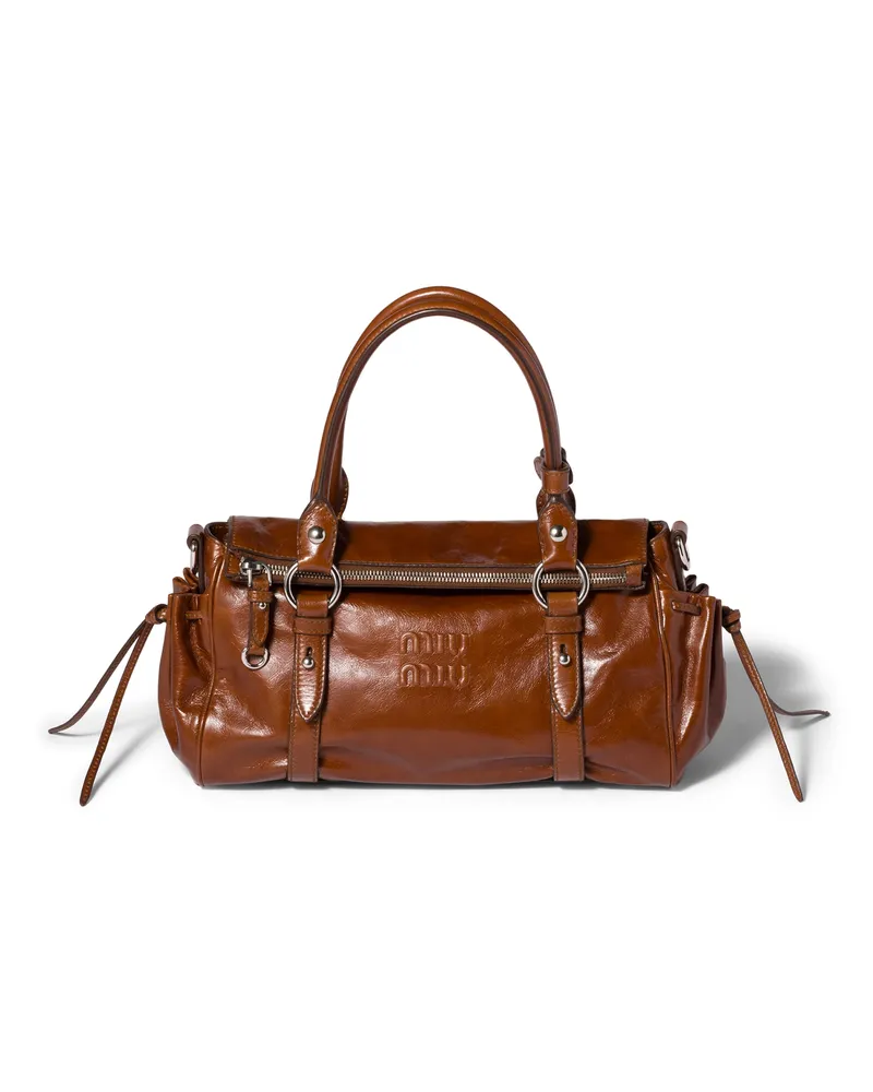 Miu Miu Handtasche Aus Glänzendem Leder, Damen, Palisander Palisander