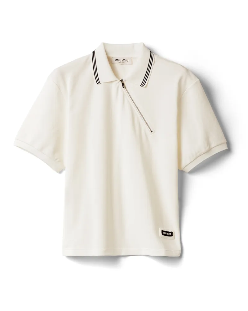 Miu Miu Poloshirt Aus Baumwollpiqué Mit Reißverschluss, Damen, Weiss, Größe Weiss