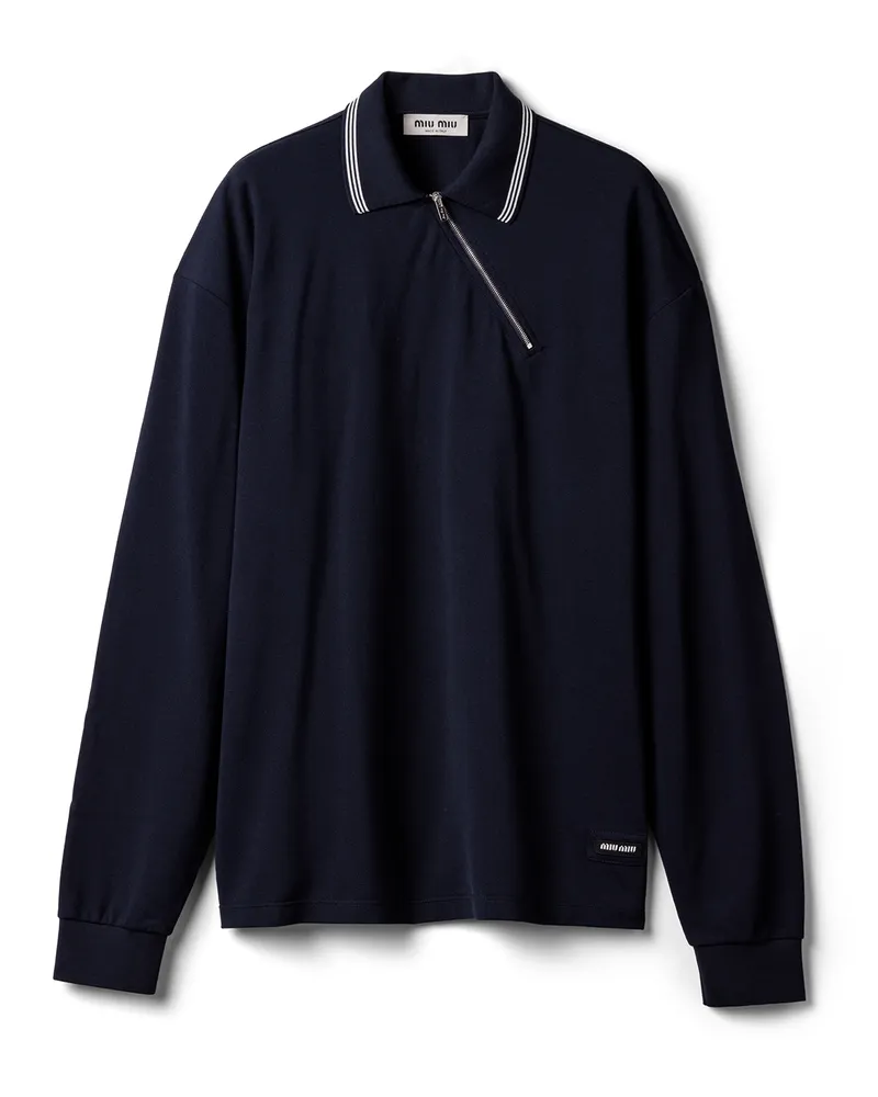 Miu Miu Poloshirt Aus Baumwollpiqué Mit Reißverschluss, Damen, Blau, Größe Blau
