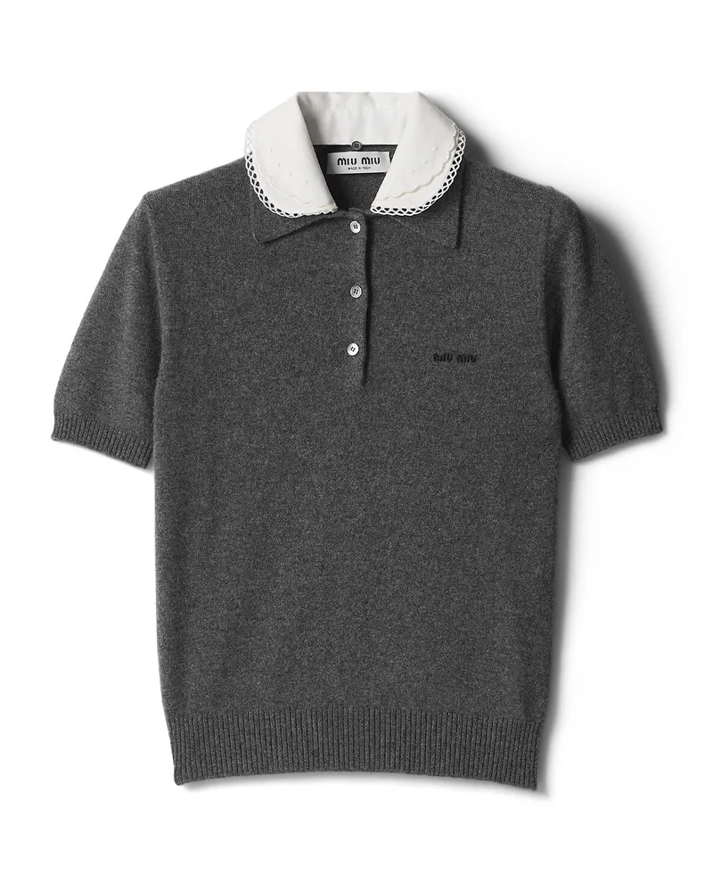 Miu Miu Kaschmir-polo Mit Besticktem Poplinkragen, Damen, Schiefergrau, Größe Schiefergrau