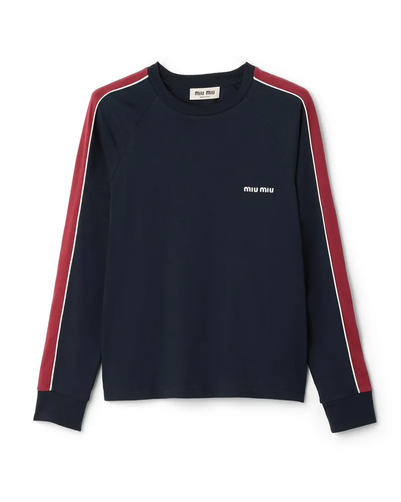 Miu Miu Langarm-t-shirt Aus Baumwoll-jersey, Damen, Blau/burgunderrot, Größe Blau