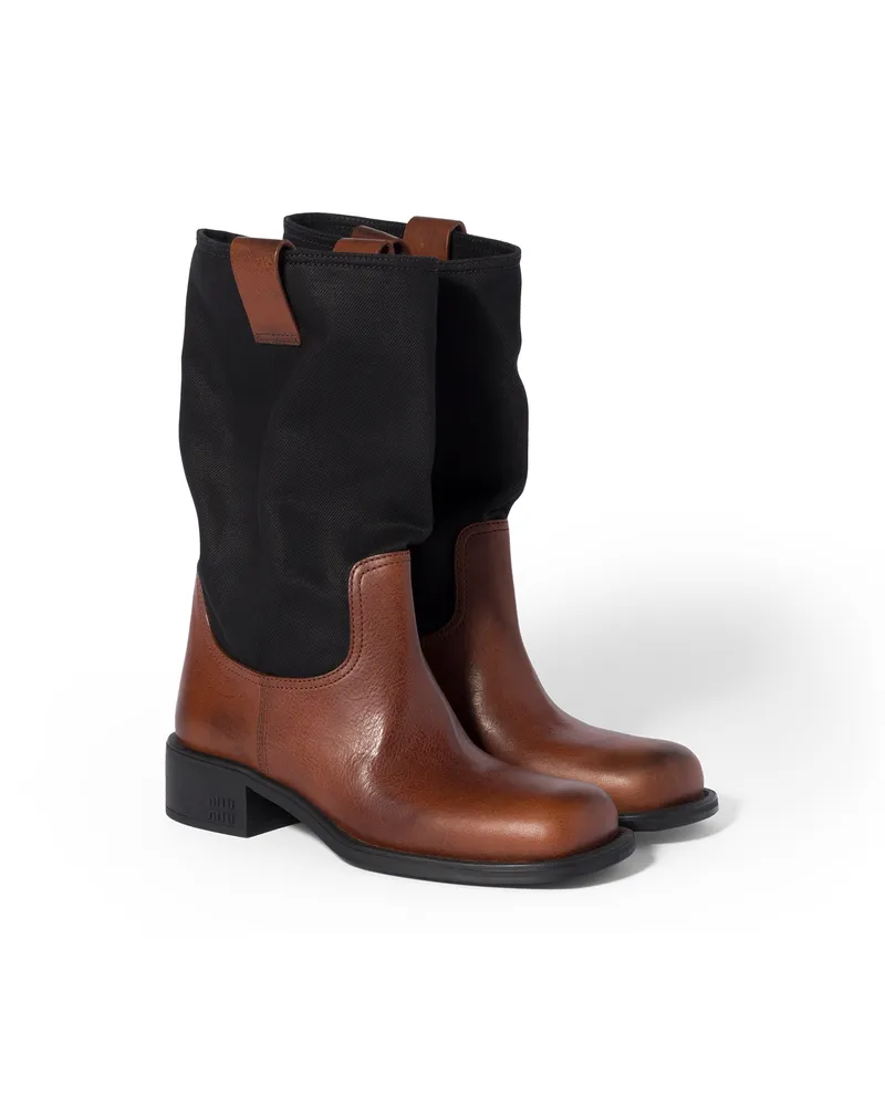 Miu Miu Wadenstiefeletten Aus Leder Und Drillich, Damen, Eichenbraun/schwarz, Größe Eichenbraun