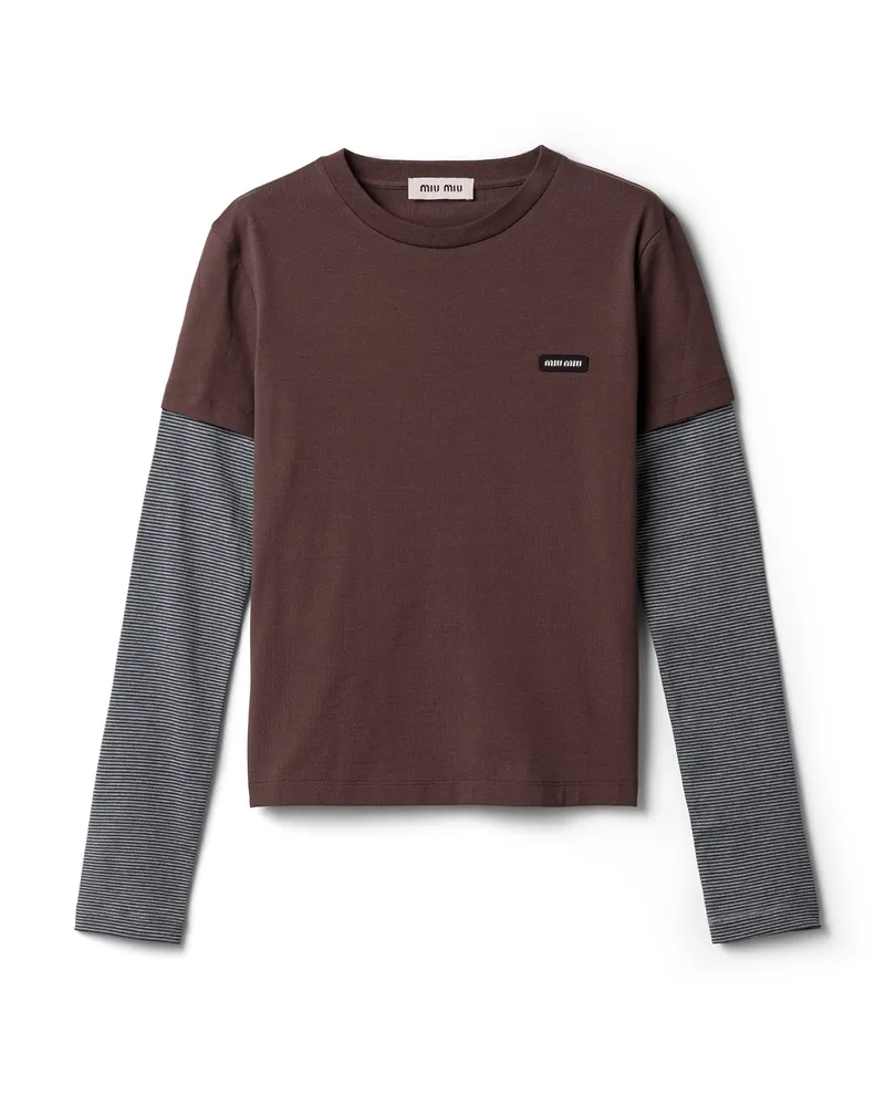 Miu Miu T-shirt Aus Jersey, Damen, Kakaobraun/anthrazit, Größe Kakaobraun