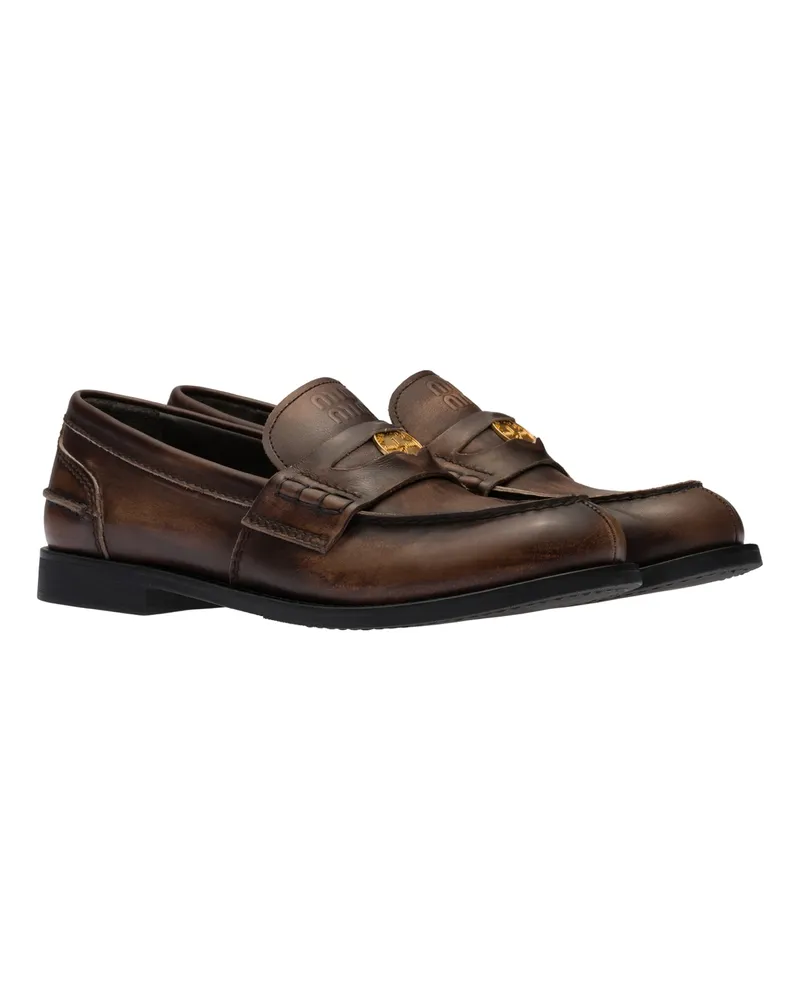 Miu Miu Penny Loafer Aus Leder Mit Vintage-effekt, Damen, Ebenholz, Größe Ebenholz