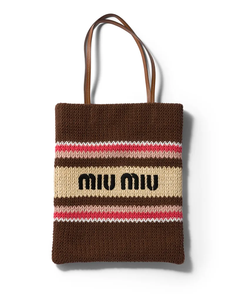 Miu Miu Tote Bag In Raphiabast-optik, Damen, Tabak/erdbeere/natur Tabak