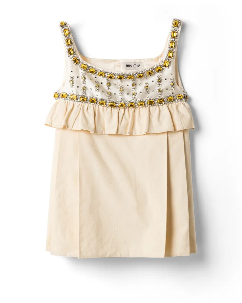 Miu Miu Besticktes Minikleid Aus Canvas, Damen, Ecru, Größe Ecru