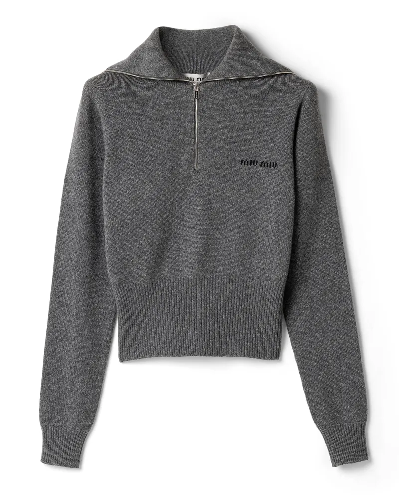 Miu Miu Pullover Aus Kaschmir Mit Halbreißverschluss, Damen, Schiefergrau, Größe Schiefergrau