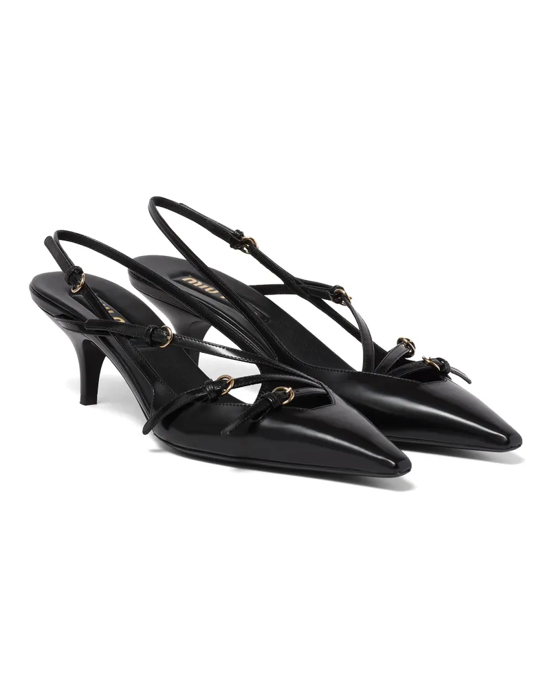 Miu Miu Slingbacks Aus Gebürstetem Leder Mit Schließen, Damen, Schwarz, Größe Schwarz