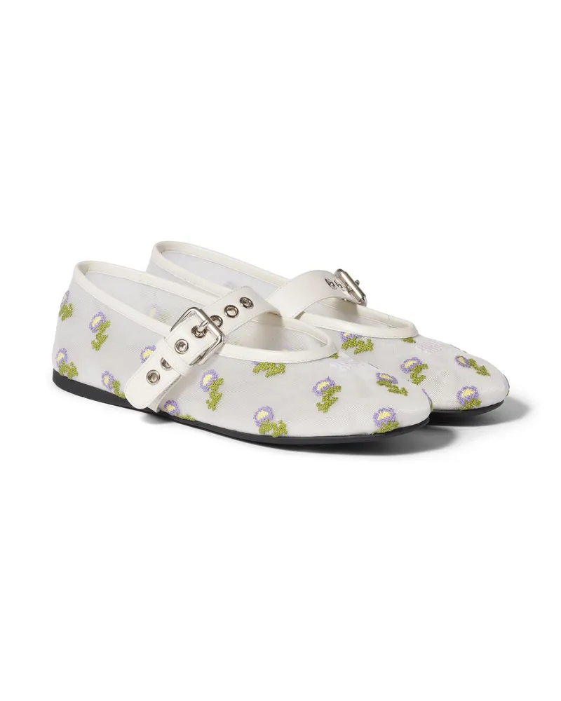 Miu Miu Bestickte Ballerinas Aus Mesh, Damen, Weiss, Größe Weiss