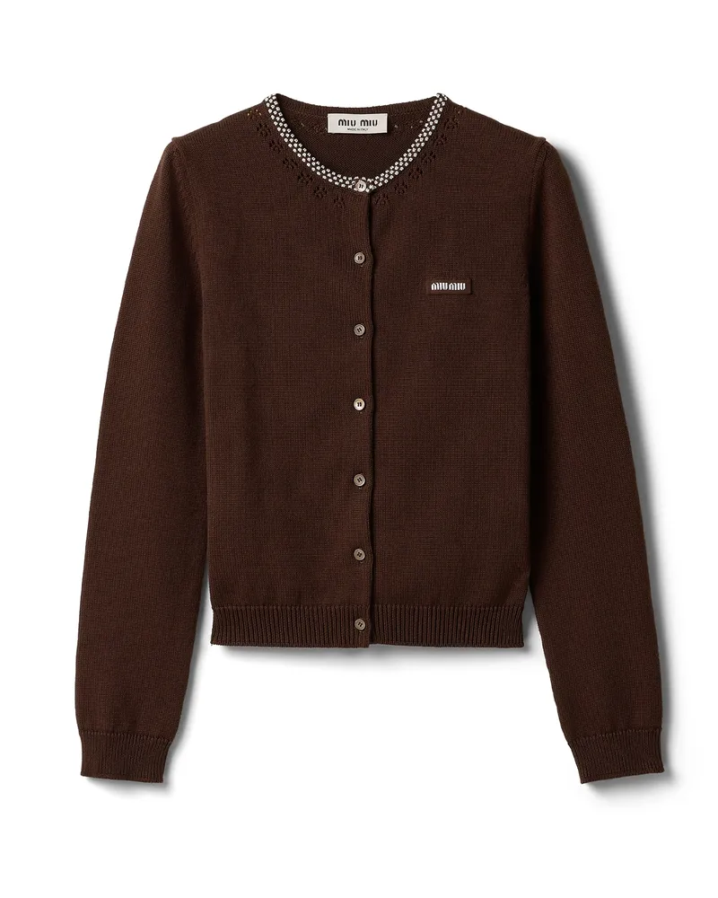 Miu Miu Strickjacke Aus Baumwolle, Damen, Kakaobraun/weiß, Größe Kakaobraun