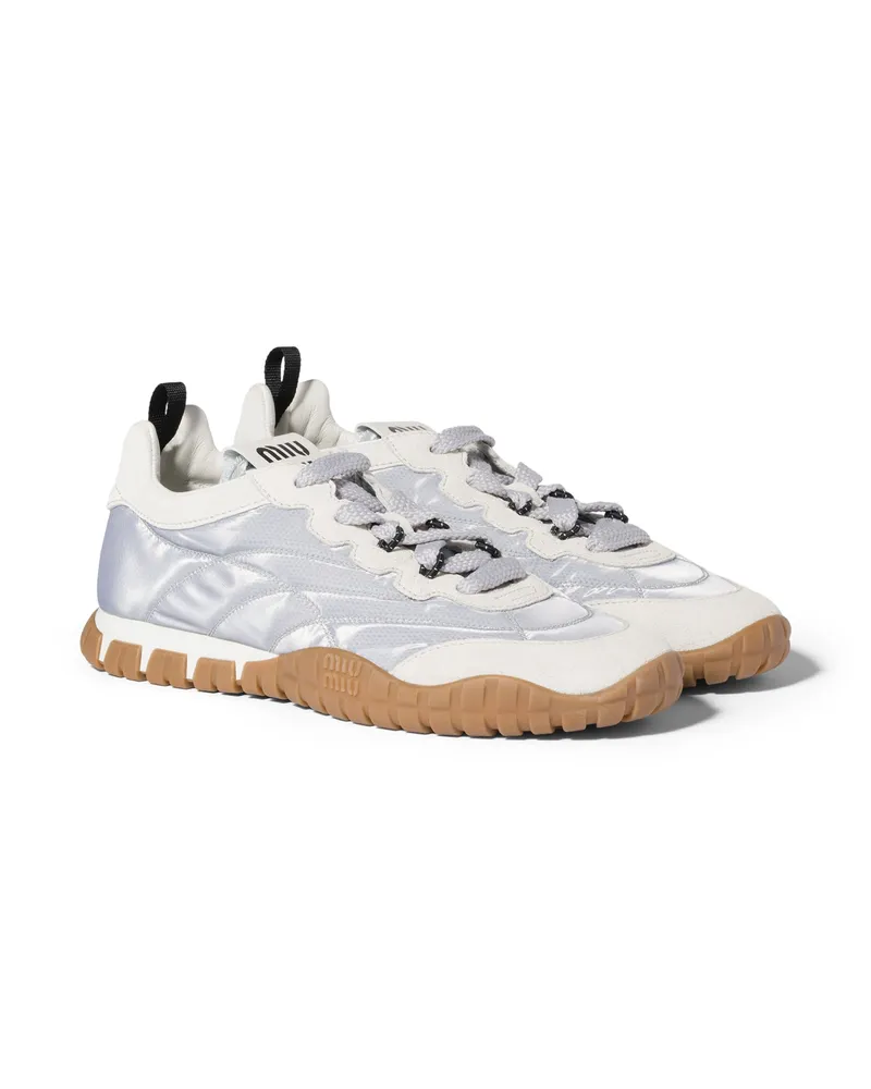 Miu Miu Tyre Sneaker Aus Funktionsgewebe Und Veloursleder, Damen, Aluminium/weiß, Größe Aluminium