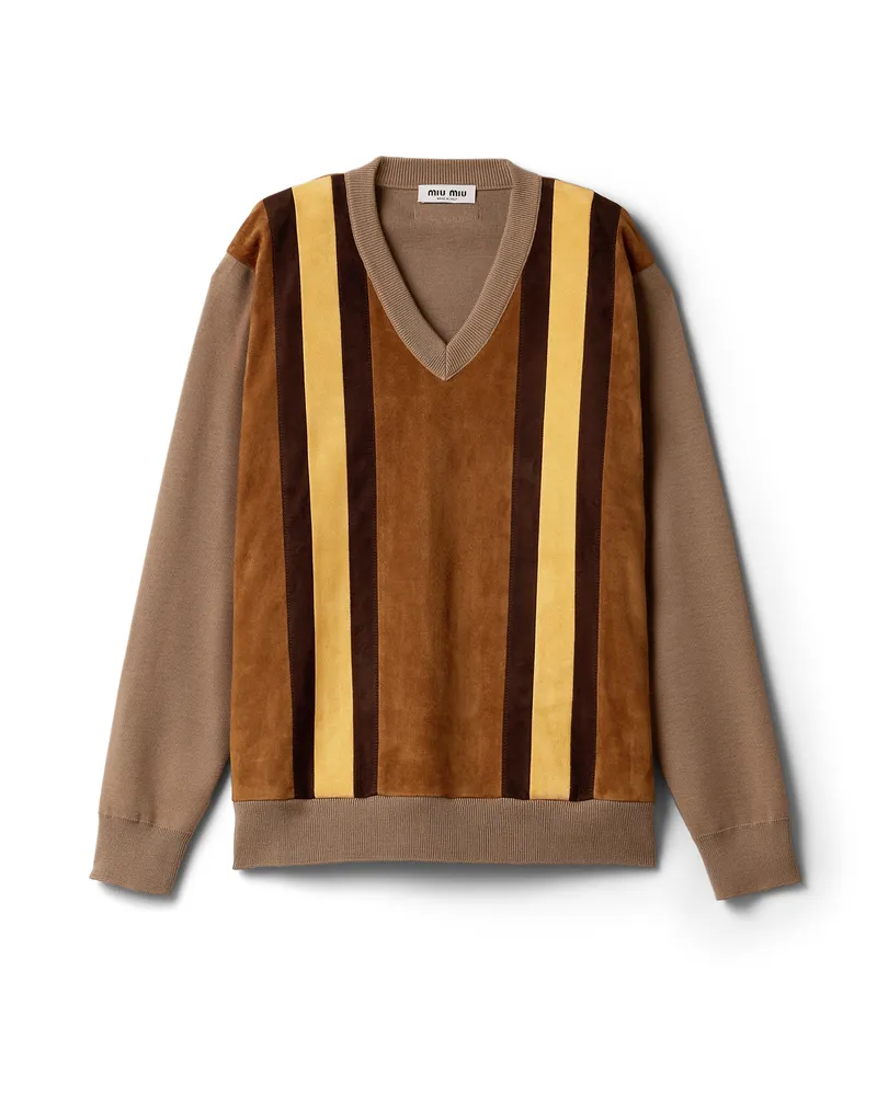 Miu Miu Pullover Aus Wolle Und Wildleder, Damen, Kamelbraun, Größe Kamelbraun
