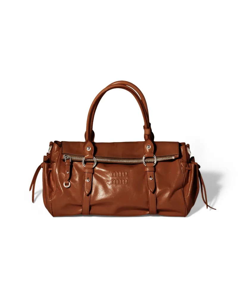 Miu Miu Handtasche Aus Glänzendem Leder, Damen, Palisander Palisander
