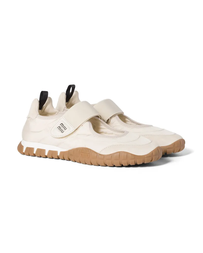 Miu Miu Tyre Ballerinas Aus Funktionsgewebe Und Wildleder, Damen, Elfenbein, Größe Elfenbein