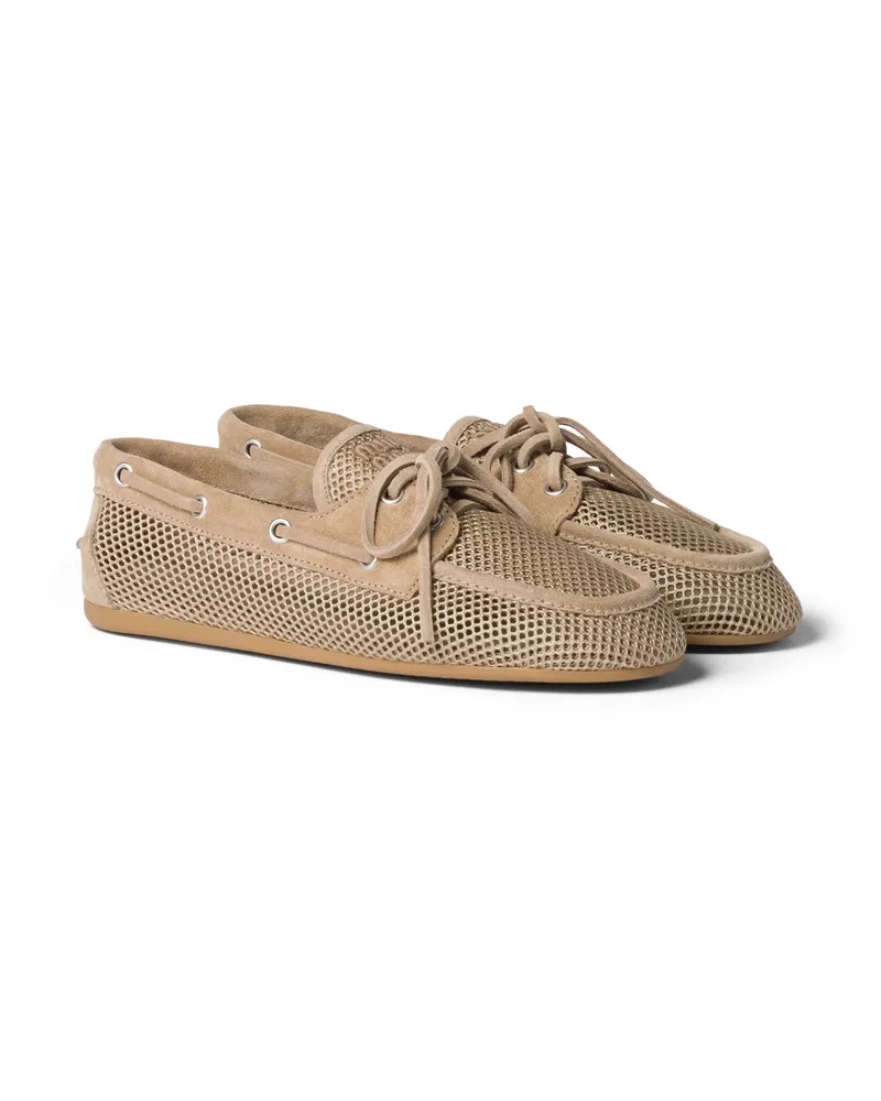 Miu Miu Deckschuhe Aus Netzgewebe Und Wildleder, Damen, Wüstenbeige, Größe Wüstenbeige