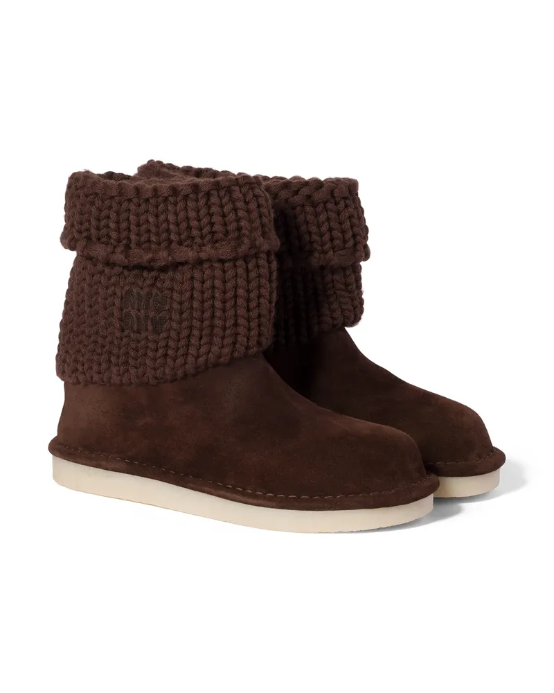 Miu Miu Stiefeletten Aus Wildleder Und Strick, Damen, Dunkelbraun, Größe Dunkelbraun