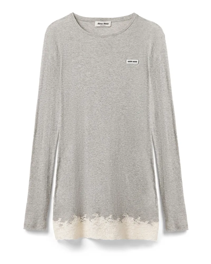 Miu Miu Kleid Aus Geripptem Jersey Und Spitze, Damen, Grau, Größe Grau