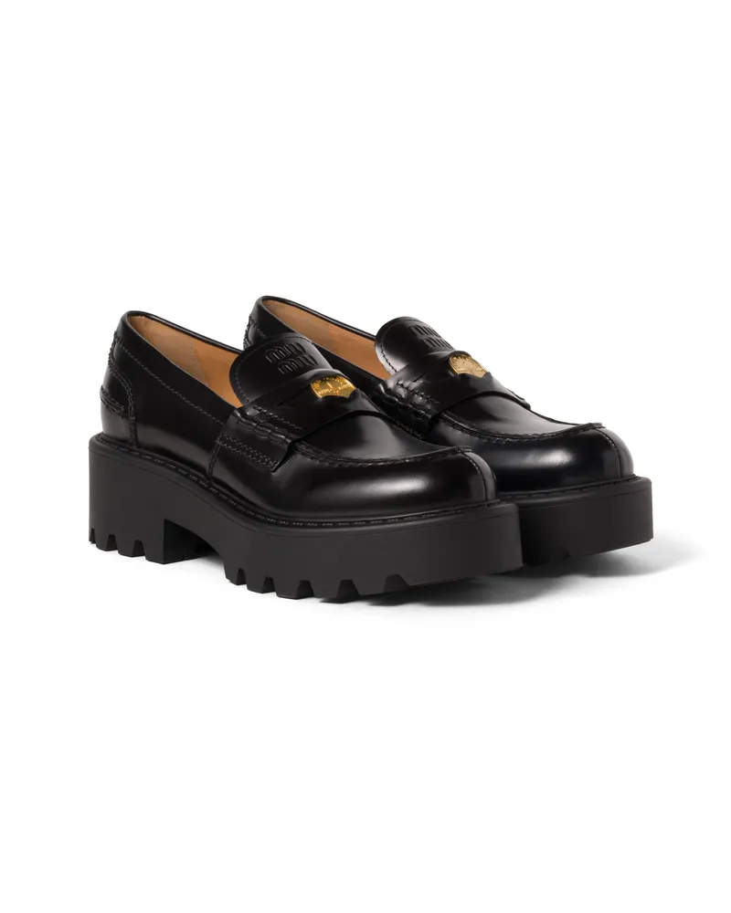 Miu Miu Loafer Aus Gebürstetem Leder, Damen, Schwarz, Größe Schwarz