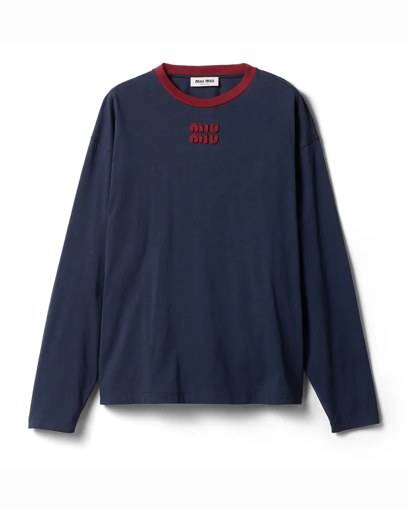 Miu Miu Langärmliges T-shirt Aus Baumwolljersey, Damen, Blau/burgunderrot, Größe Blau