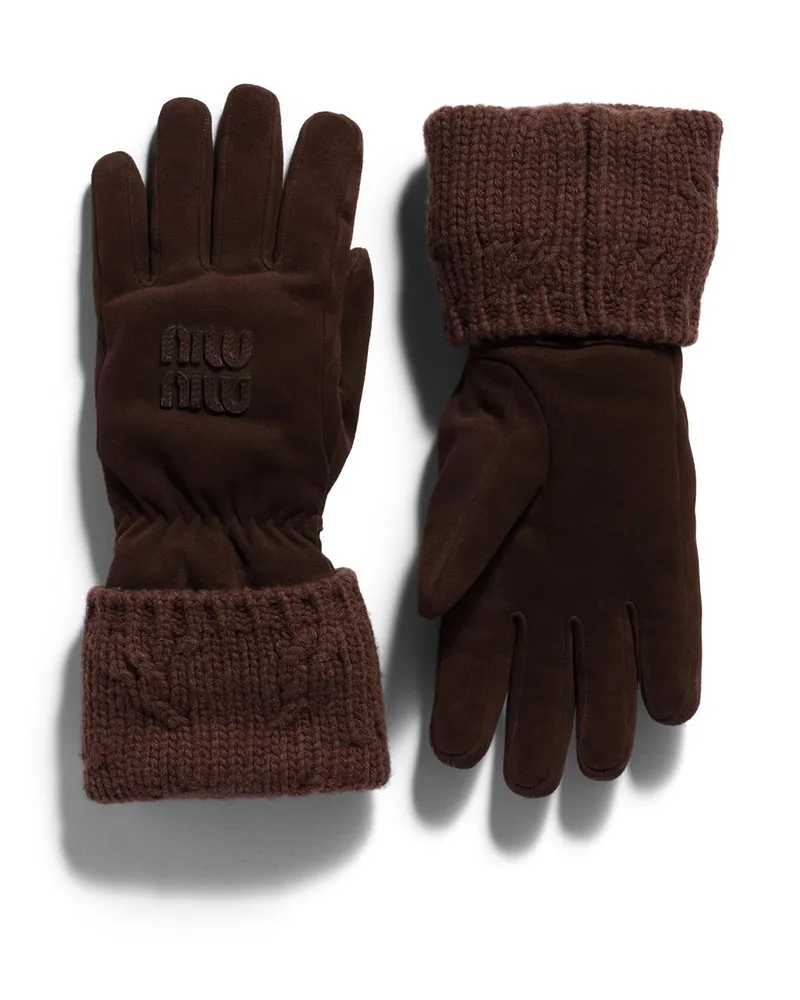 Miu Miu Handschuhe Aus Wildleder Und Strick, Damen, Dunkelbraun, Größe Dunkelbraun