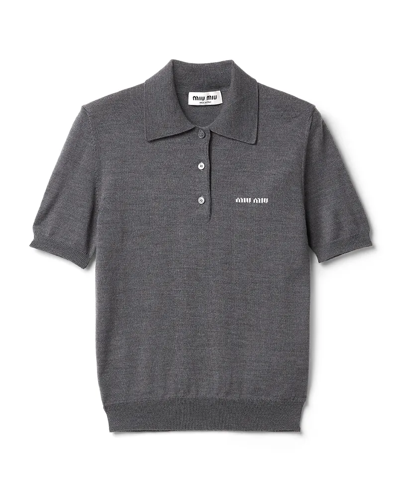 Miu Miu Gestricktes Poloshirt Aus Wolle, Damen, Schiefergrau, Größe Schiefergrau