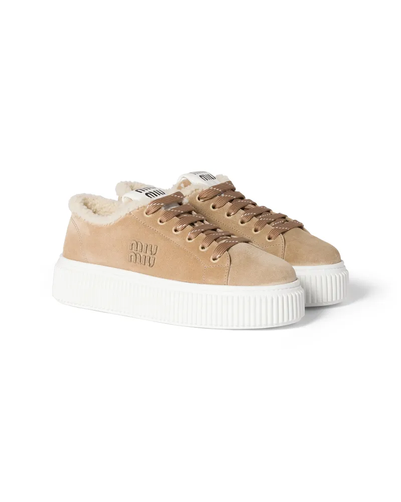 Miu Miu Sneaker Aus Wildleder Und Lammfell, Damen, Wüstenbeige, Größe Wüstenbeige