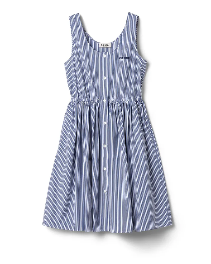 Miu Miu Minikleid Aus Popeline Mit Vertikalen Streifen, Damen, Weiss/kobaltblau, Größe Weiss
