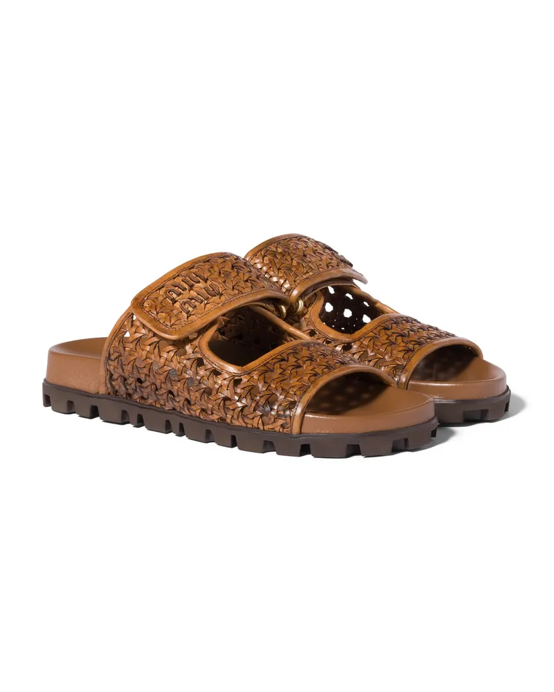Miu Miu Sandalen Aus Gewebtem Leder, Damen, Cognac, Größe Cognac