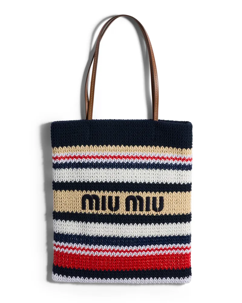 Miu Miu Tote Bag In Raphiabast-optik, Damen, Blau/rot/natur Blau