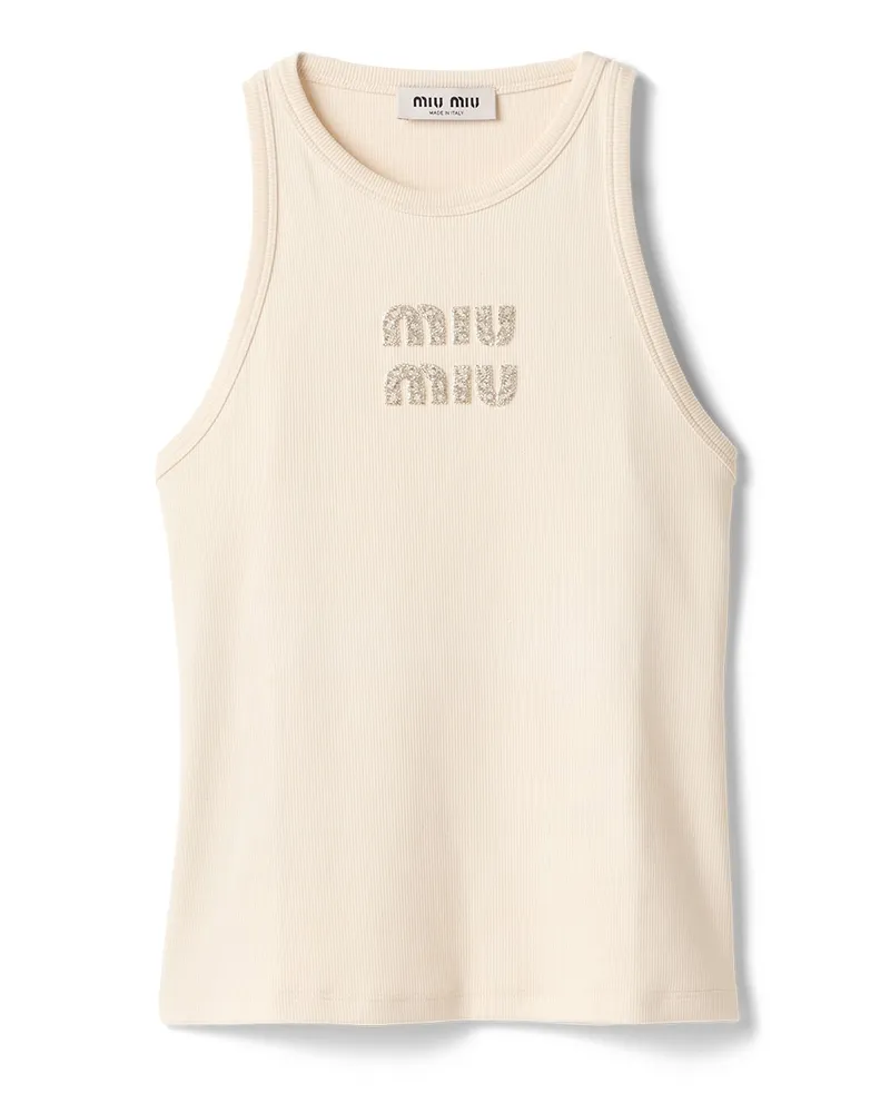 Miu Miu Tanktop Aus Rippstrick Mit Sticklogo, Damen, Natur, Größe Natur