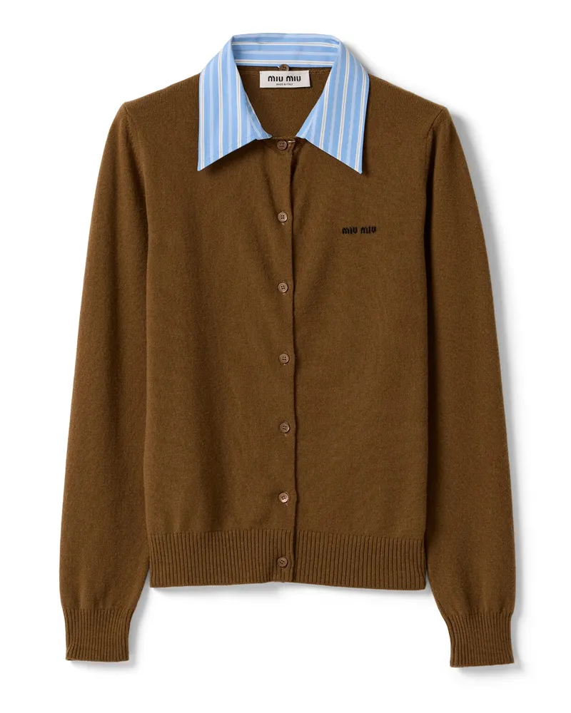 Miu Miu Strickjacke Aus Kaschmir Mit Kragen, Damen, Tabak/celeste, Größe Tabak