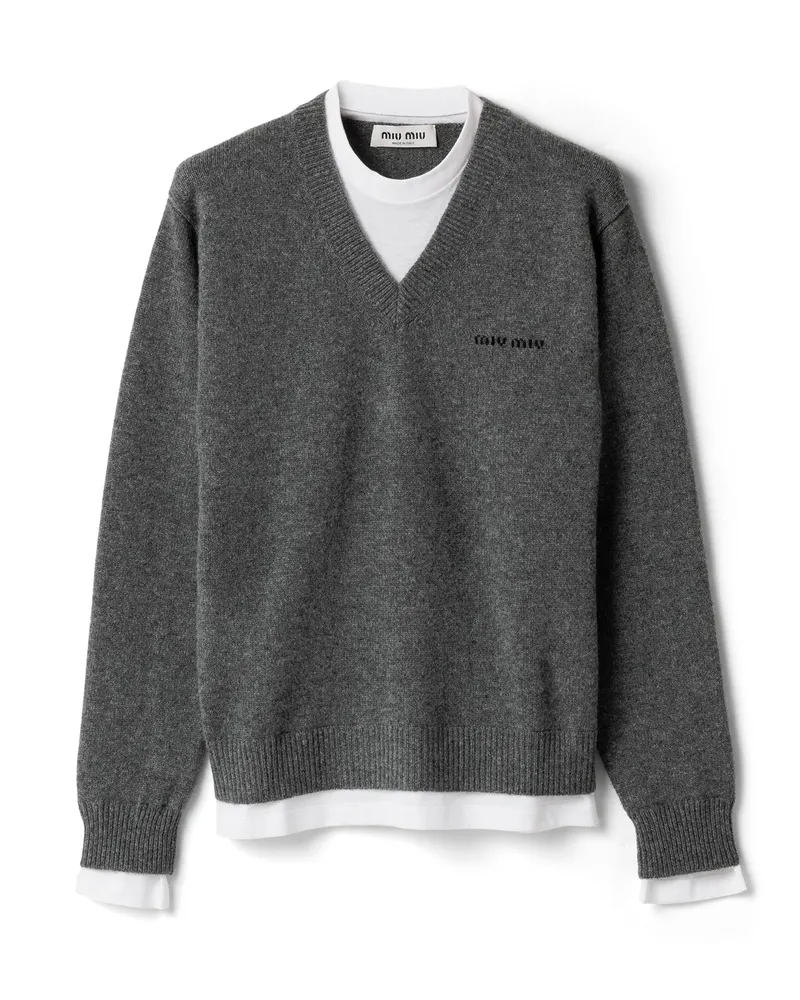 Miu Miu Pullover Aus Kaschmir Mit V-ausschnitt, Damen, Schiefergrau, Größe Schiefergrau