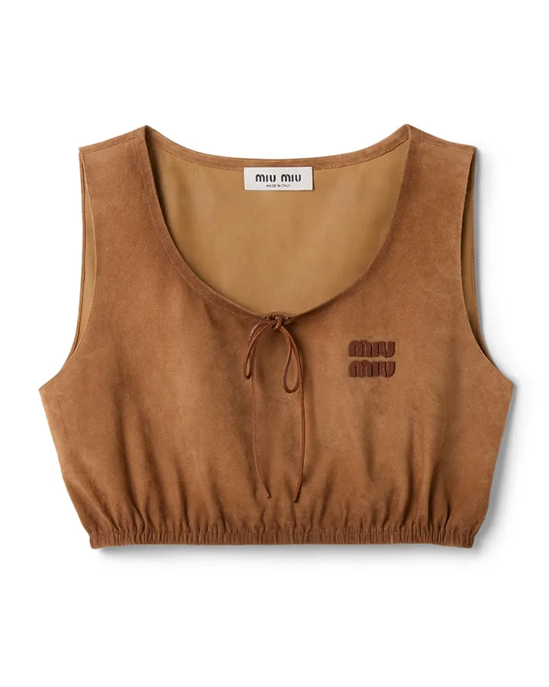 Miu Miu Crop Top Aus Gewachstem Wildleder, Damen, Zimt, Größe Zimt